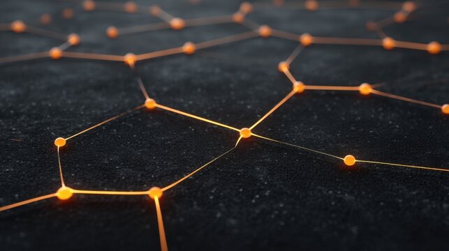 Abstract close-up of an orange glowing network structure on a dark surface representing technology, connections, and digital communication in modern design - Powered by Adobe