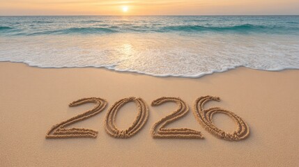 Beautiful Beach Scene with Sand and Waves Showcasing the Year 2026 in Relaxing Sunrise or Sunset Light over Calm Ocean Water and Gentle Shoreline