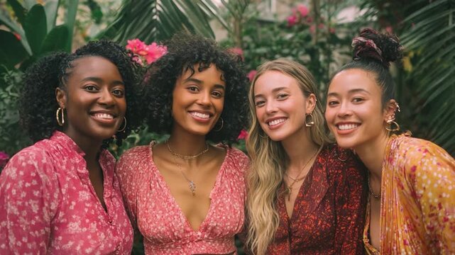Radiant Smiles: A quartet of radiant women, beaming with genuine smiles, gather to share a moment of joy. Each woman's individual beauty is enhanced by a palette of colors.