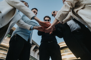 Diverse business team uniting hands outdoors representing collaboration and collective effort