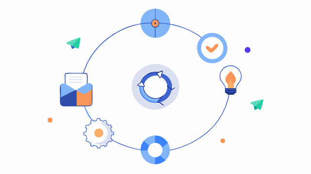 A circular feedback loop graphic indicating the iterative nature of product development with stages including research design testing and launch.