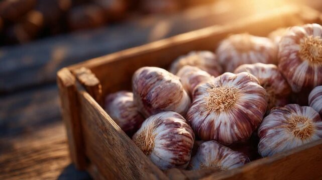 Freshly harvested garlic bulbs in a rustic crate, bathed in sunlight, showcasing their papery skins on a wooden table in a lush field.
