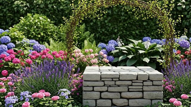 A tranquil and beautifully arranged garden scene featuring a rustic stone pedestal positioned beneath a graceful, leafy vine archway. Vibrant lavender, blue and pink hydrangeas, and delicate roses blo