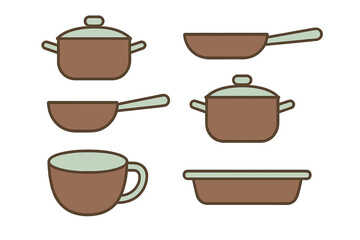 Collection of kitchen cookware icons featuring pots, frying pan, and measuring cup