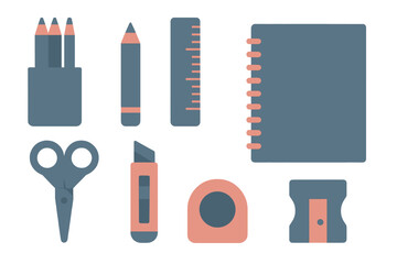 Flat design icons of essential stationery and office supplies