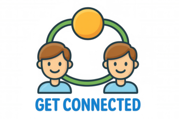 Two cartoon people creating a network connection with a central hub, symbolizing an online social community. Transparent background