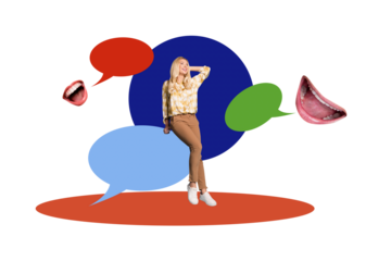 Composite photo collage of happy girl stand colorful bubble conversation speech mouth faceless lips laugh isolated on painted background