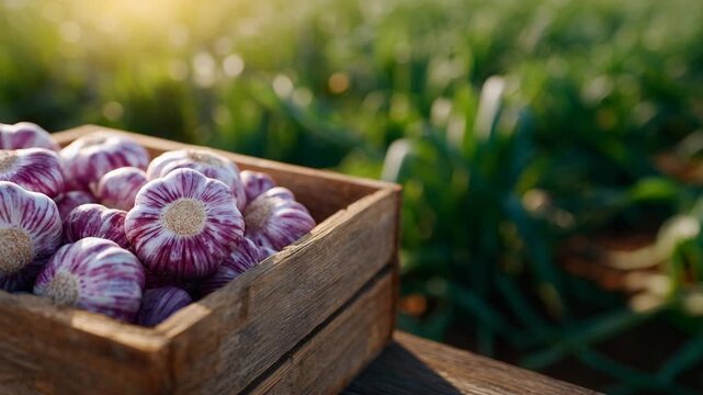 Freshly harvested garlic bulbs in a rustic crate, bathed in sunlight, showcasing their detailed papery skins on a wooden table in a lush field.
