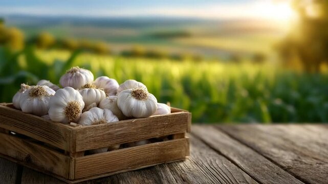 A rustic farm scene with garlic bulbs spilling from a crate on a weathered table, set against a softly blurred green field in warm morning light.