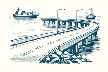 Long modern bridge stretching over calm sea with ships in background, vintage etching style.