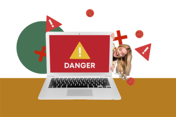 Composite photo collage of happy girl hacked peek blocked laptop device trojan virus cyberattack alert isolated on painted background