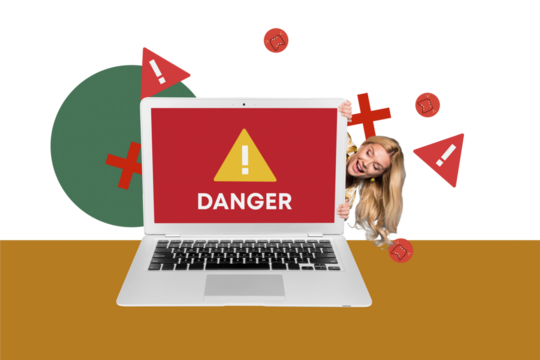 Composite photo collage of happy girl hacked peek blocked laptop device trojan virus cyberattack alert isolated on painted background