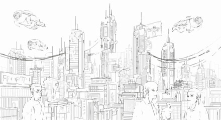 Obraz premium Futuristic cityscape sketch, depicting a bustling metropolis with advanced architecture