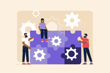 Diverse team of people collaborating to assemble a large puzzle representing a complex system or project