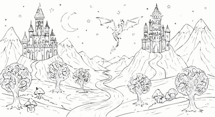 Naklejka premium Fantasy landscape with castles, mountains, dragon, moon and trees for coloring book