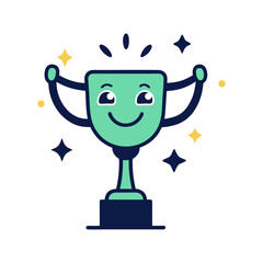 Vector art of smiling cartoon trophy character celebrating a victory, surrounded by sparkles
