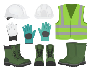 Essential Safety Equipment with Helmet, Gloves, and Boots Vector isolated on a transparent background.