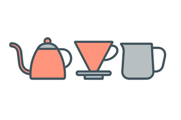 Modern flat icon style set of manual coffee brewing tools and accessories