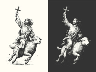 Vintage religious illustration of Jesus Christ riding a sheep while holding a cross, symbolizing divine guidance and purity.