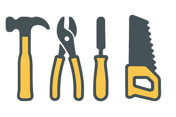 Essential hand tools collection featuring hammer, pliers, screwdriver, and saw for repair work