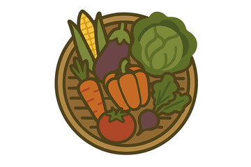 Assortment of fresh raw vegetables including corn carrots and cabbage in a brown basket