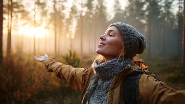 Embracing Serenity in Nature: A woman, enveloped in the serene embrace of a sunlit forest, exhales a sense of pure calm and tranquility.