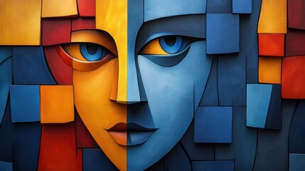 Abstract face, mosaic art, geometric design, vibrant colors, for poster, digital artwork