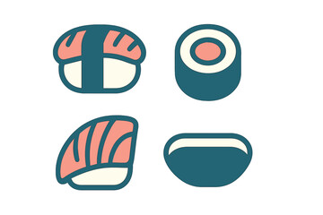 Stylized Japanese cuisine icons set featuring sushi, nigiri, maki roll, and serving bowl © icon_art