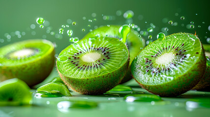 Fresh green kiwi slice with water drops, close-up macro shot showing juicy texture and freshness – 4K image