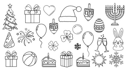 Naklejka premium Holiday doodles featuring christmas, easter, st patricks day, and hanukkah elements
