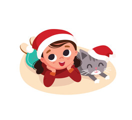 A little girl in a Christmas hat is lying next to her cat, dreaming of Christmas and New Year's celebrations. Dreams of the coming festivities. 