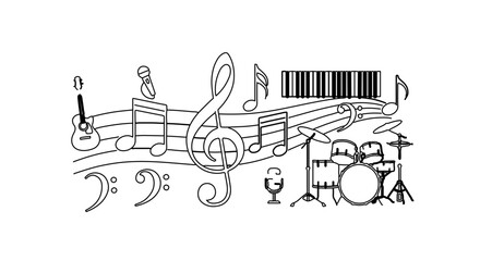 Black and white line art illustration of musical instruments and notes