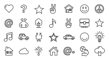Illustration of various icons, including heart, question mark, star, peace sign, house, smiley