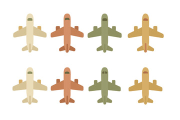 Obraz premium Eight stylized passenger airplanes in neutral and muted earthy tones isolated on a white background