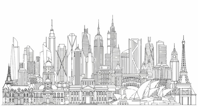 Hand drawn sketch of world famous city skylines, including eiffel tower and empire state