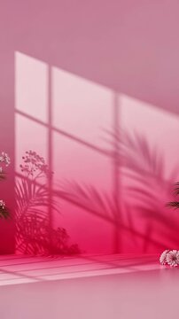 A vibrant and elegant studio background features a captivating gradient pink wall and floor, beautifully illuminated by natural light. Striking shadows of a window frame and delicate tropical palm lea