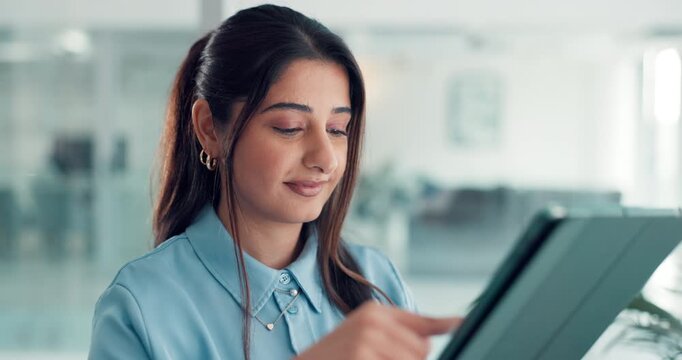 Creative, thinking and woman with tablet, office and proofreading draft for publication and article. Journalist, reflection and person with tech for story, happy and browsing for news on website