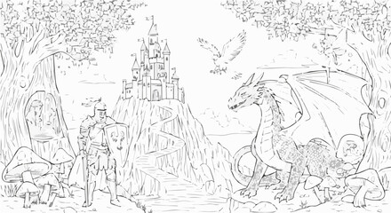 Obraz premium Detailed line art of a knight, dragon, castle, and eagle in a fantasy landscape