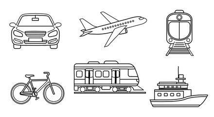 Set of transport, coloring page for kids and adults, line art, vector