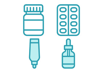 Set of pharmaceutical containers: medicine bottle, blister pack, tube, and dropper