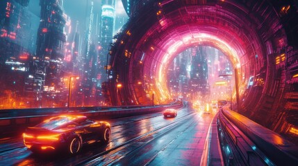 Futuristic city tunnel, vehicles, vibrant lights.  Possible use Stock photo for science fiction, gaming, or design inspiration