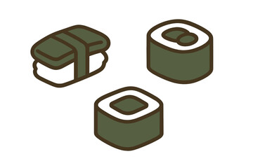Stylized isometric icons depicting various traditional Japanese sushi items
