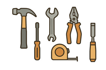 Essential construction and repair hand tools set including hammer, wrench, screwdriver, pliers, and tape measure