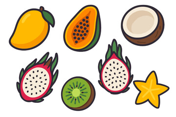 Vibrant collection of exotic tropical fruits including mango papaya kiwi and star fruit