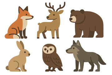 Stylized set of six cute forest animals including fox, deer, bear, rabbit, owl, and wolf