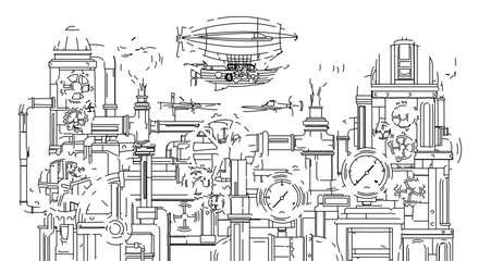 Naklejka premium Steampunk city with airship, hand drawn illustration fantasy landscape
