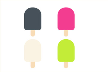 Minimalist set of four frozen popsicles in dark, pink, cream, and lime green colors on wooden sticks