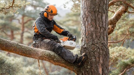 Tree worker uses chainsaw to cut branch while seated on a large tree in a forested area during daylight hours
