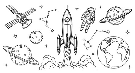 Collection of space elements, including rocket, astronaut, planets and constellations