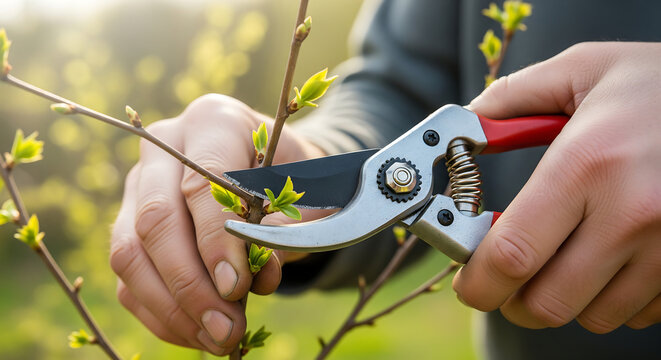 High-resolution close-up of a gardener&rsquo;s hands trimming tree branches with professional pruning shears in spring. Sharp metal blades, soft natural lighting, and blurred green background.